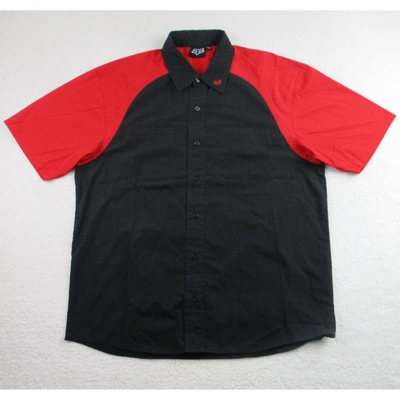 Fox Racing Shirt Mens Large‎ Black Red Button Up Short Sleeve Mechanic Work - Picture 1 of 8